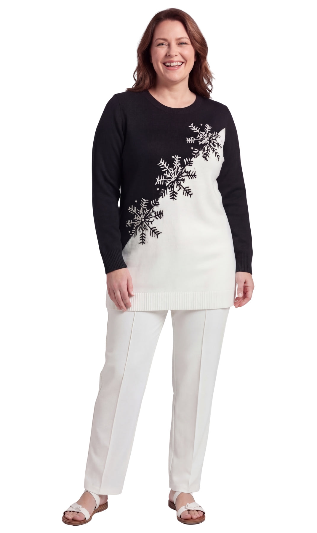 Women's Cozy Long Sleeves Snowflake-Decorated Color Block Holiday Crewneck Sweater - Classy Christmas Pullover in 100% Soft Durable Acrylic
