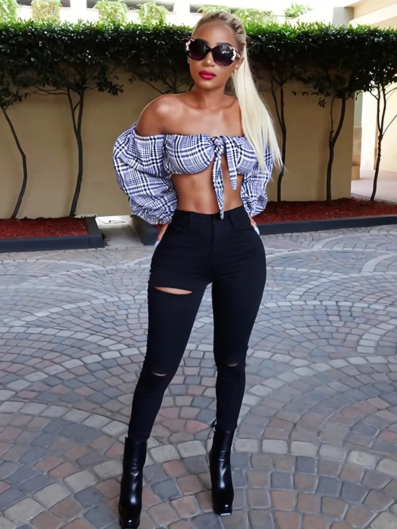 High Rise Curvy Ripped Black Skinny Jeans for Women