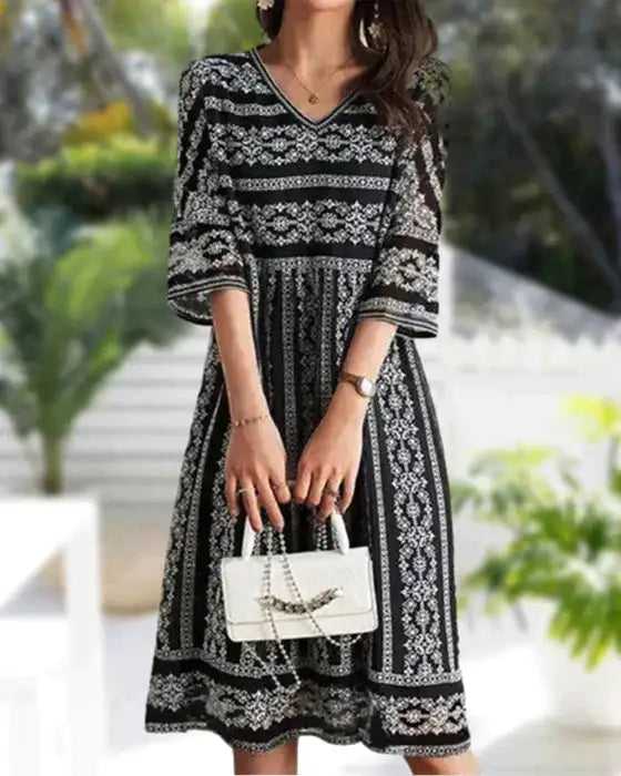 Universal Printed dress With V-neck