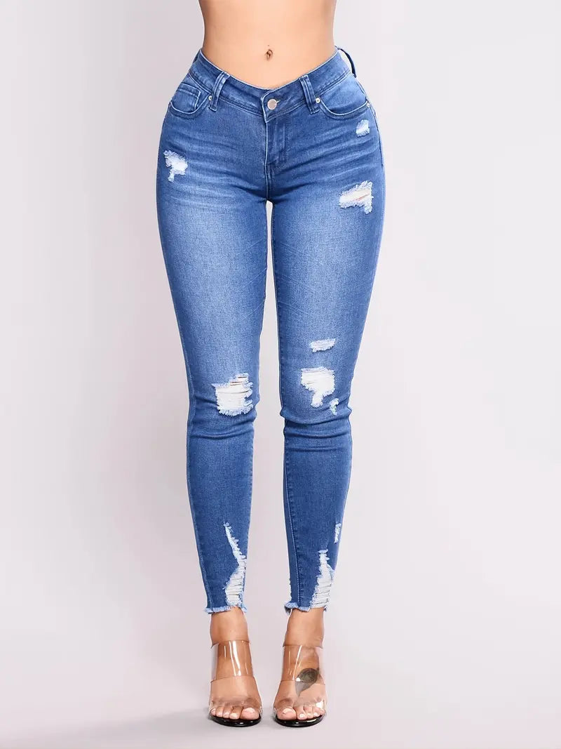 High Rise Ripped Skinny Jeans with Raw Hem for Women