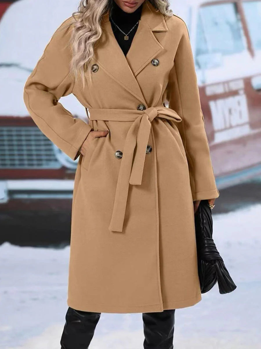 Women's Double-Breastlor Designd Lace-Up Belt: Thiced Trench Coat with Polo Collar anlid Cokened So