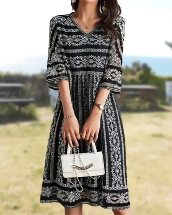 Universal Printed dress With V-neck