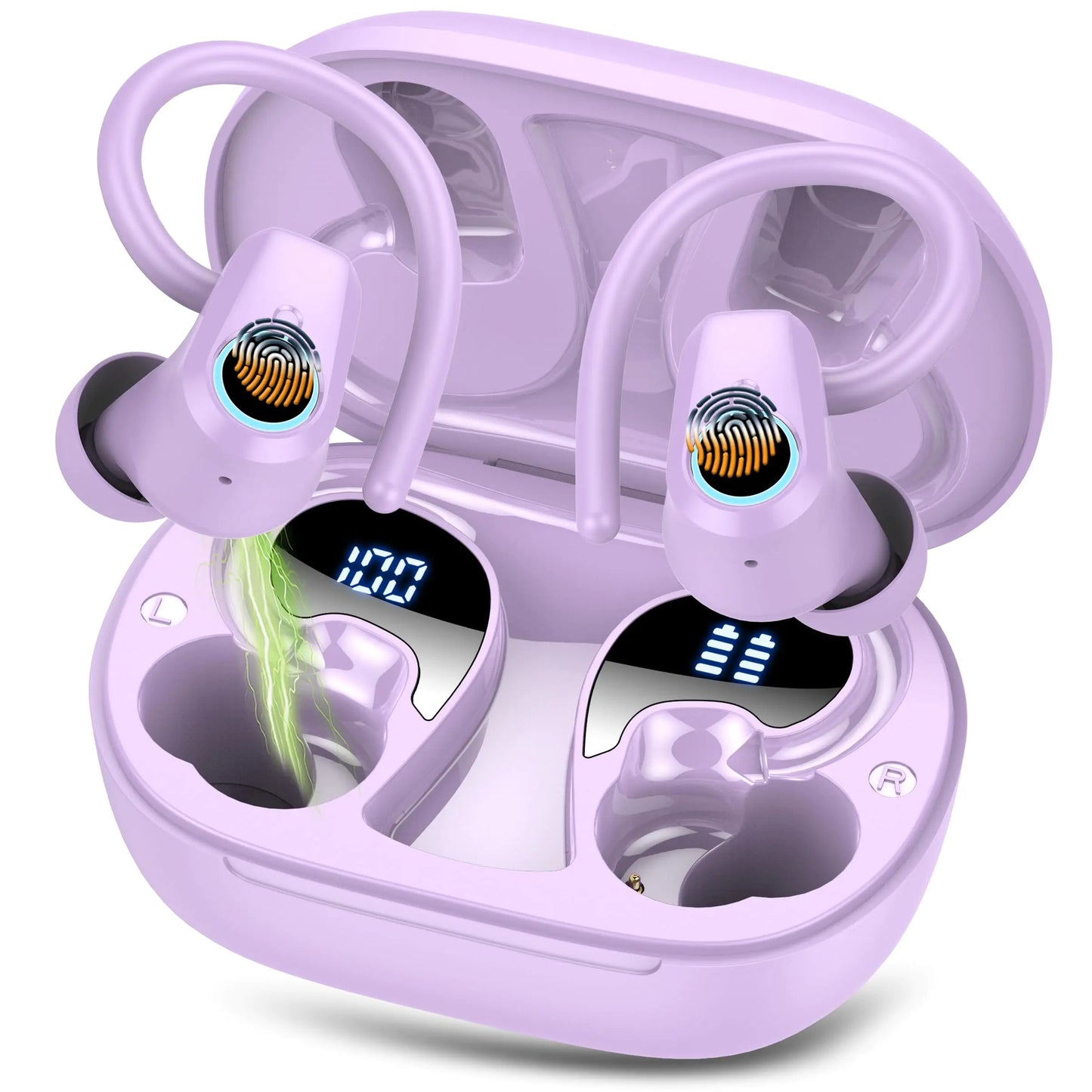 Wireless Earbuds Bluetooth 5.3 Headphones Sport In Ear buds Wireless Earbuds Bluetooth 50H Playtime LED Display Deep Bass Stereo Noise Cancelling Headphones IP7 Waterproof Earphones Bright Purple