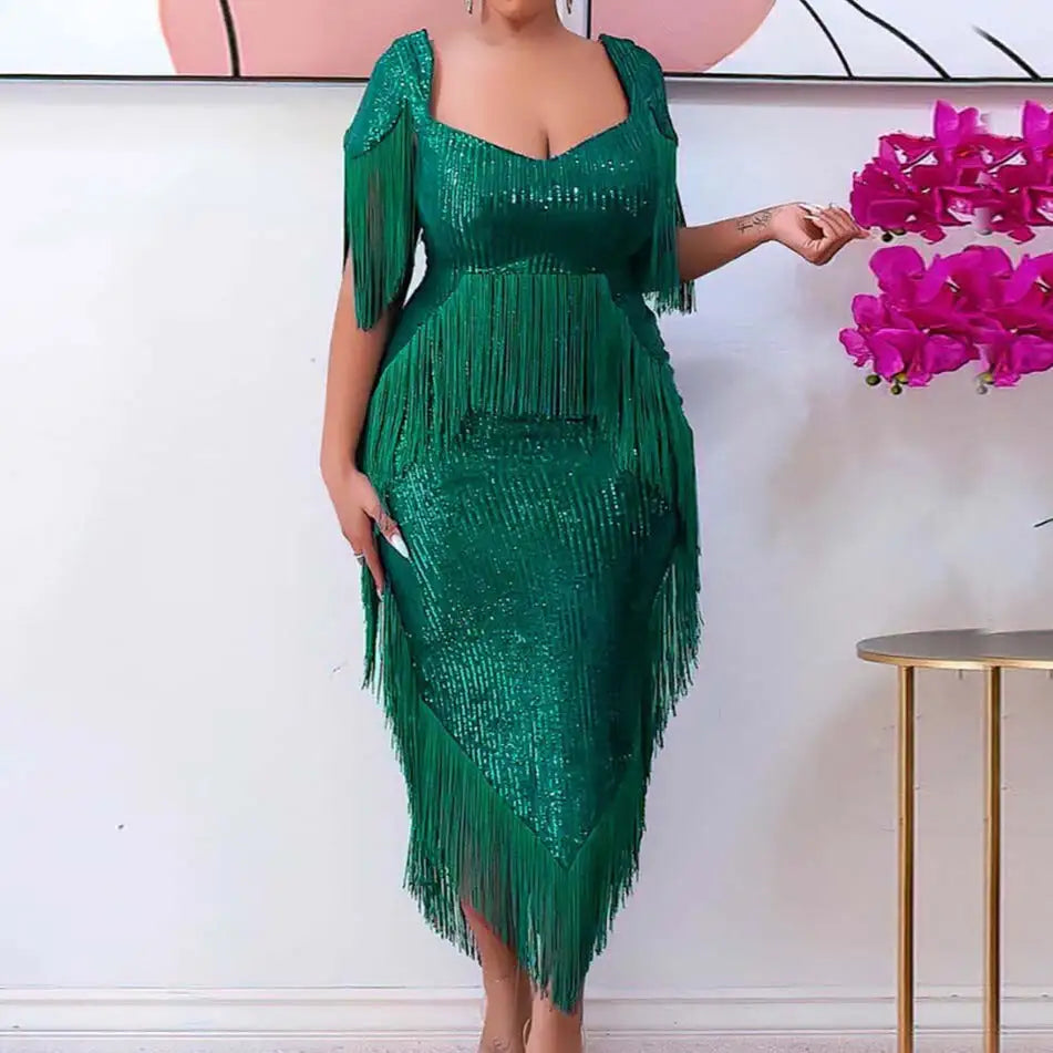 Universal Plus Size Sequin Tassel Midi Dress