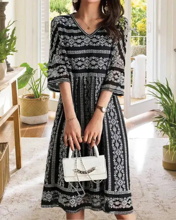 Universal Printed dress With V-neck