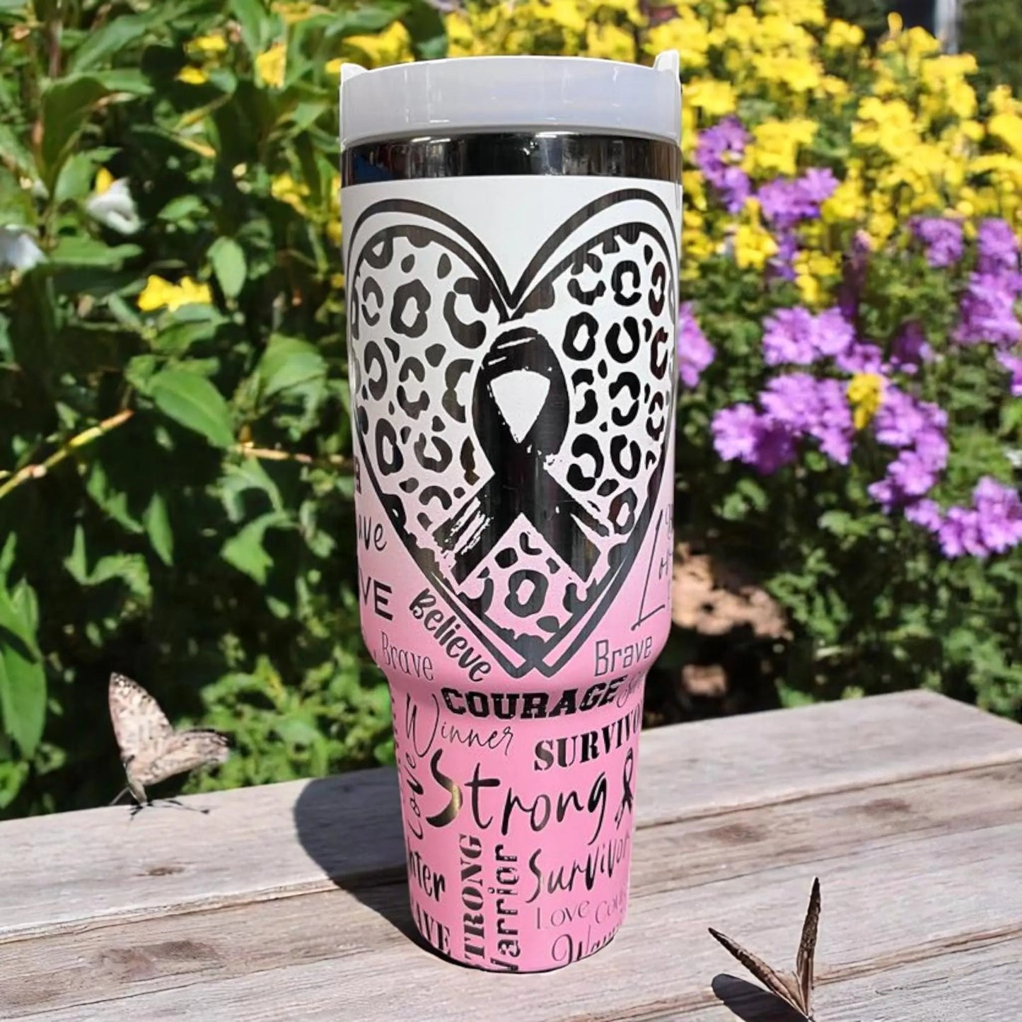 Breast Cancer Survivor Tumbler 40oz: Pink Ribbon Insulated Stainless Steel Travel Mug