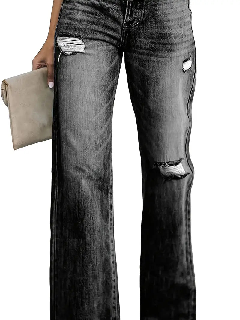 High Waist Ripped Straight Flared Denim Jeans for Women