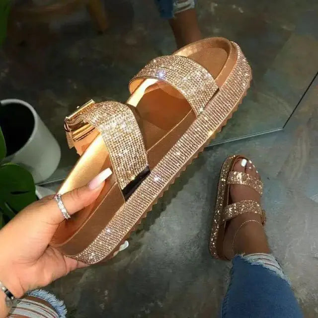Universal Women's Shiny Golden Summer Flat Sandals