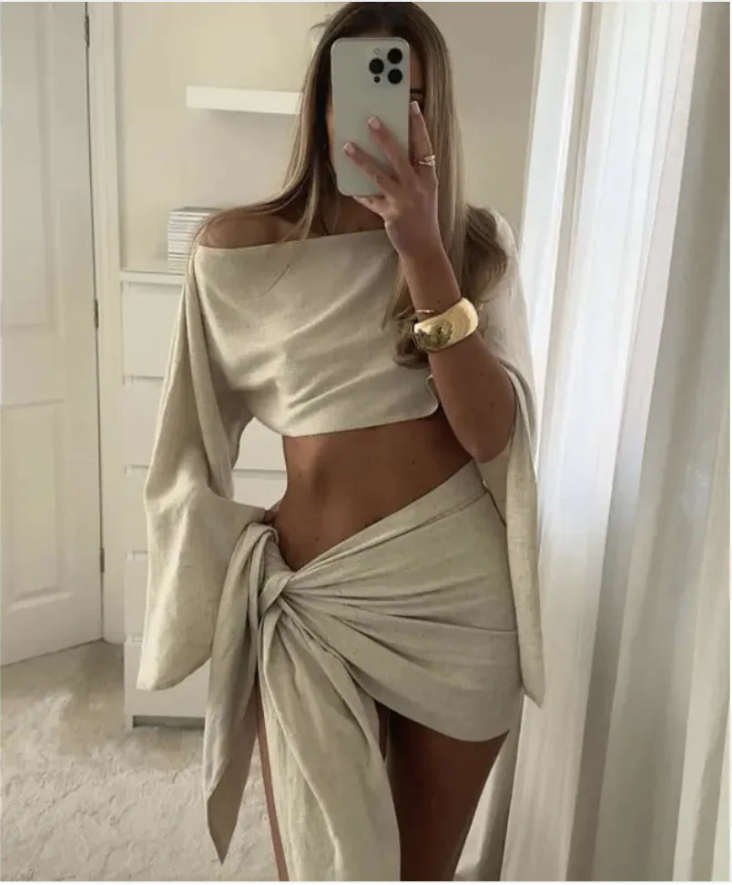 Women’s Sexy Diagonal Neck Long Sleeve Two-Piece Set with Lace-Up Skirt – Spring/Summ2024er