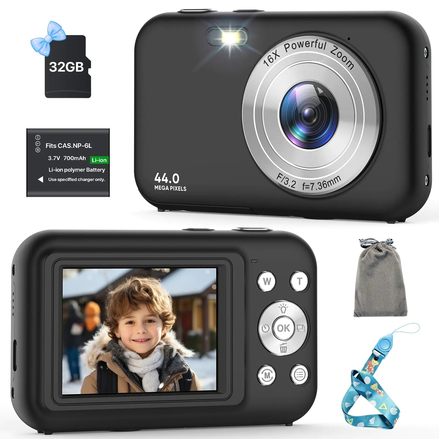 Digital Camera Upgraded FHD 1080P Digital Camera with Strap 32GB SD Card 16X Digital Zoom Compact Point and Shoot Camera for Kids Portable Cameras Small Camera for Teens Boys Girls Seniors