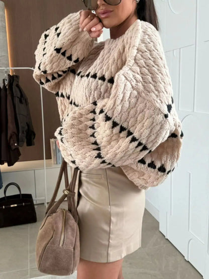 Striped Chunky Knit Sweater with Balloon Sleeves