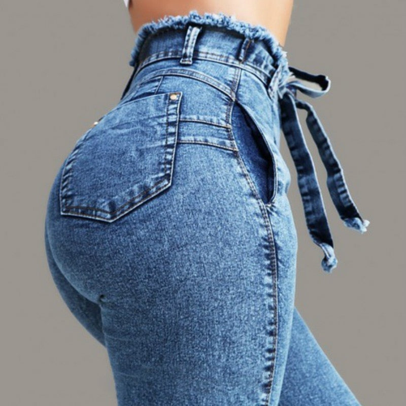 High-Waisted Women's Skinny Jeans with Fringe Belt