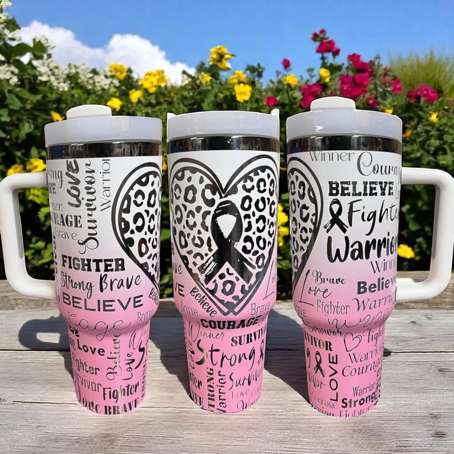 Breast Cancer Survivor Tumbler 40oz: Pink Ribbon Insulated Stainless Steel Travel Mug