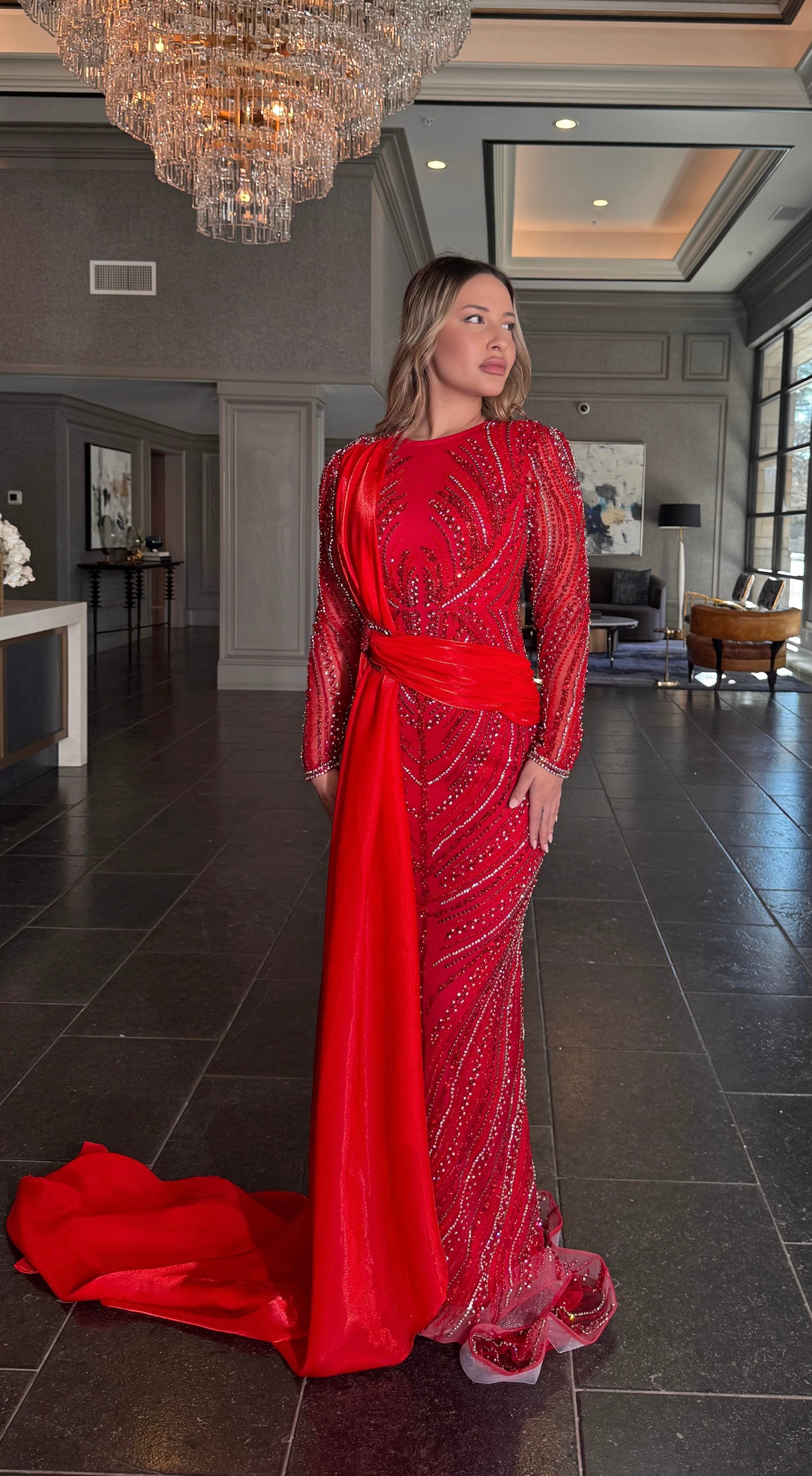Ruba Sequin Modest Neckline with Long Side Organza Side Skirt