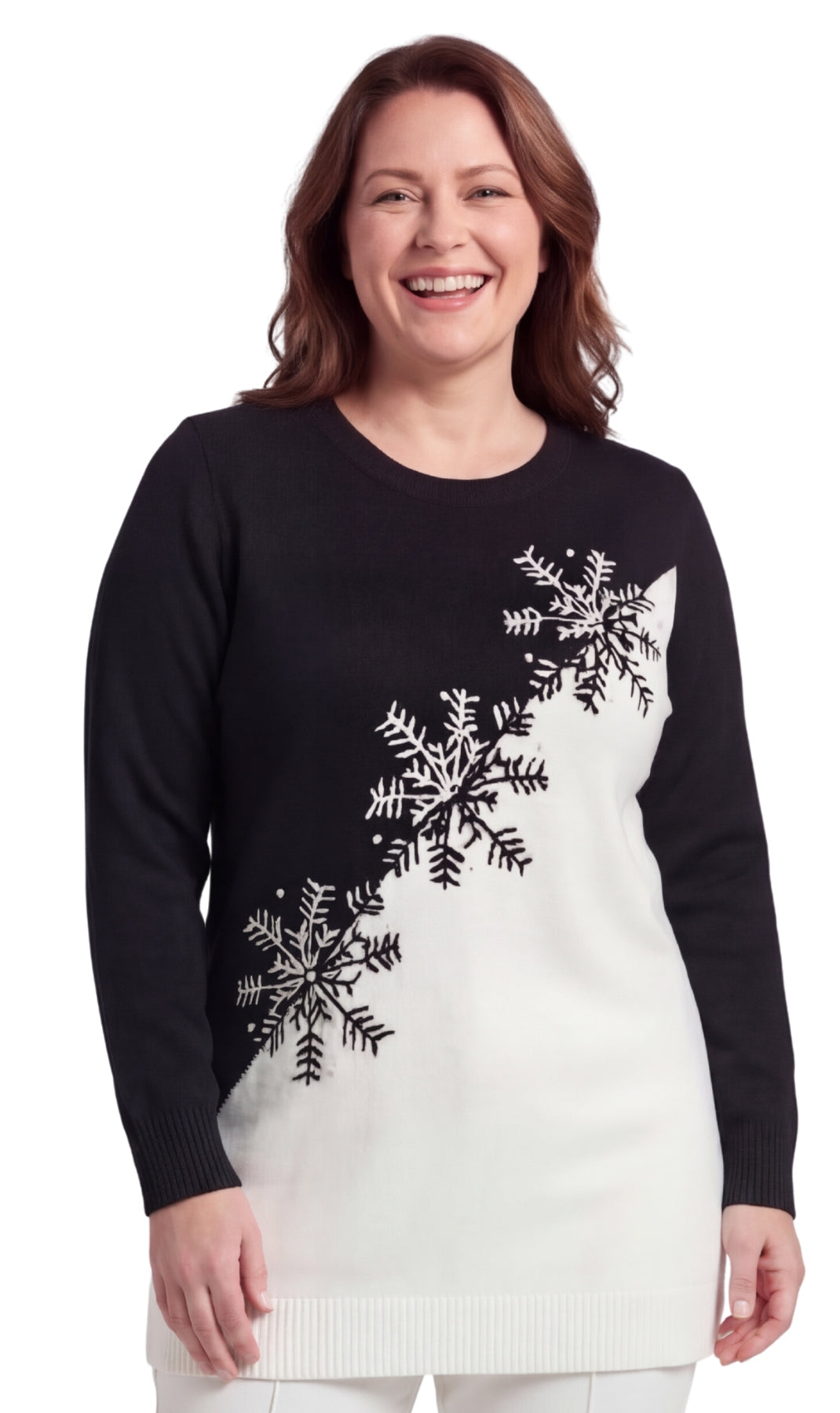 Women's Cozy Long Sleeves Snowflake-Decorated Color Block Holiday Crewneck Sweater - Classy Christmas Pullover in 100% Soft Durable Acrylic