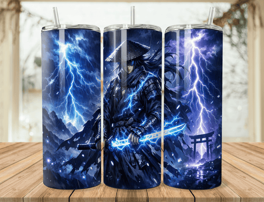 Samurai Anime 20oz Tumbler – Lightning Warrior Stainless Steel Tumbler – Fantasy Japanese Art Travel Mug