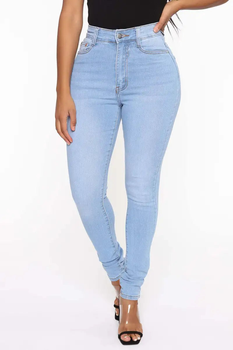 Light Blue High Waist Stretch Denim Skinny Jeans for Women