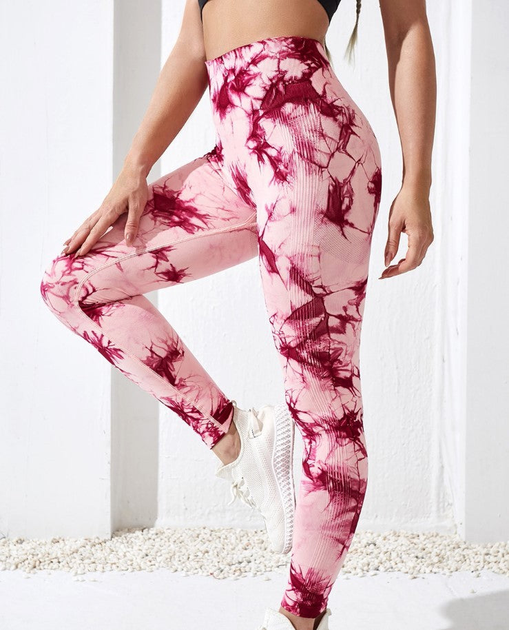 Tie-Dyed Peach High-Waist Seamless Yoga Pants for Women