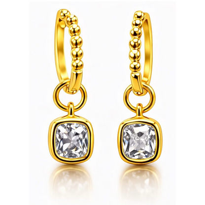 1CTW Created Moissanite Beaded Hoop Drop Earrings in 14kt Gold Over Sterling Silver - Round or Cushion Cut