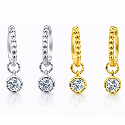 1CTW Created Moissanite Beaded Hoop Drop Earrings in 14kt Gold Over Sterling Silver - Round or Cushion Cut