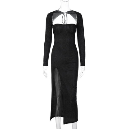 Hollow Out Slim Fit Slit Long Sleeve Dress