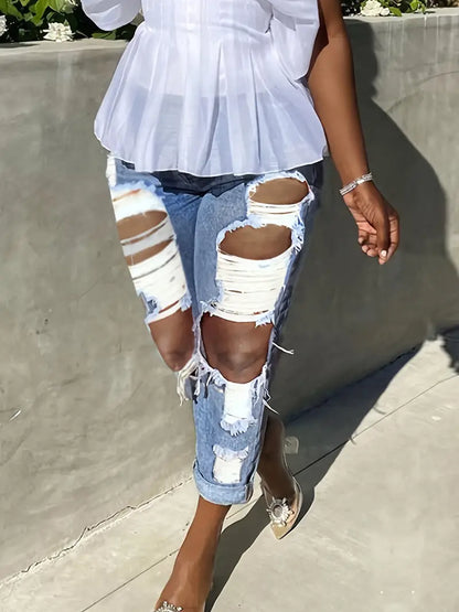 Women's Blue High Waist Ripped Straight Jeans