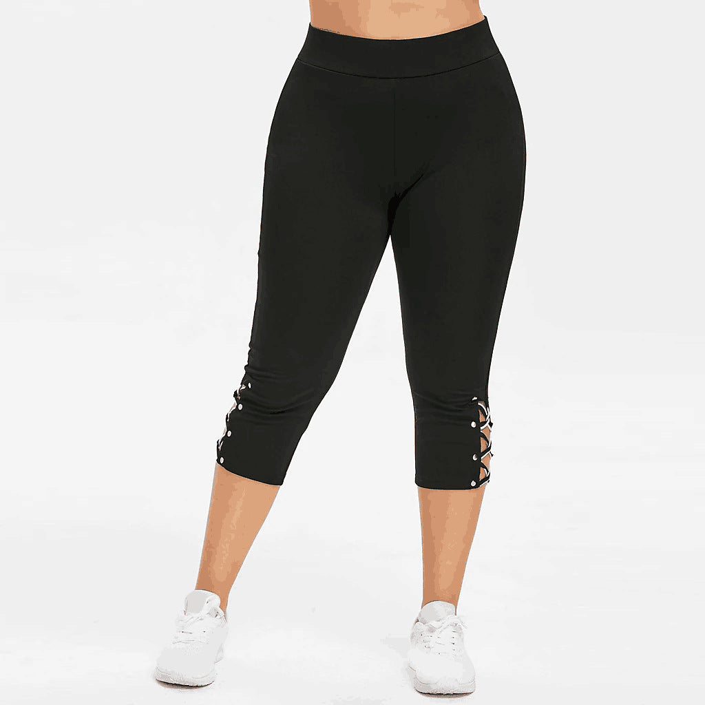 Plus Size Women's High Rise Lace Up Capri Leggings