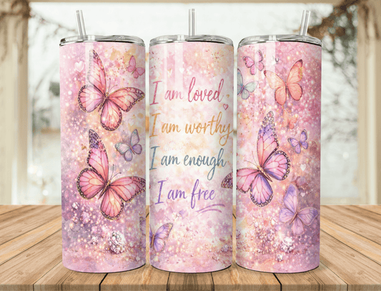 Butterfly Affirmation 20oz Tumbler – Inspirational Stainless Steel Tumbler | I Am Loved I Am Worthy I Am Enough I Am Free | Motivational Travel Mug