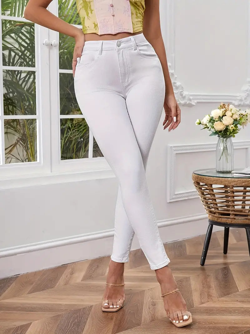 Women's White High Waisted Skinny Jeans with Pockets