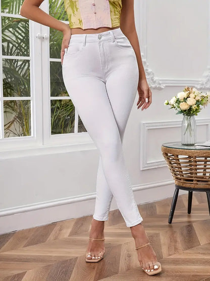 Women's White High Waisted Skinny Jeans with Pockets