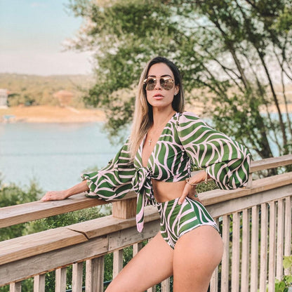 2024 Women's High-Waist Printed Bikini with Sleeves