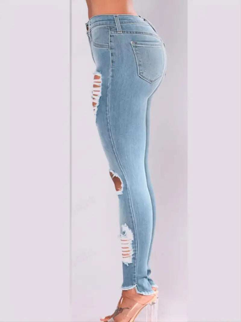High Rise Distressed Asymmetrical Ripped Skinny Jeans