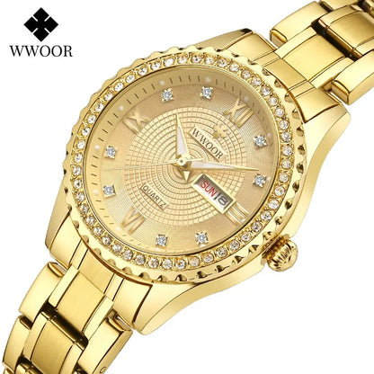 Universal WWOOR Diamond Women's Fashion Dress Gold Quartz Watch