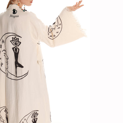 Boho Cotton Kimono Robe – Yoga Girl & Moon Stamp, Organic Loungewear
