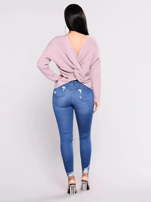 High Rise Ripped Skinny Jeans with Raw Hem for Women