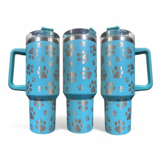 40oz Blue Tumbler - Laser-Etched Paw Print Design | Pet Lover Gift