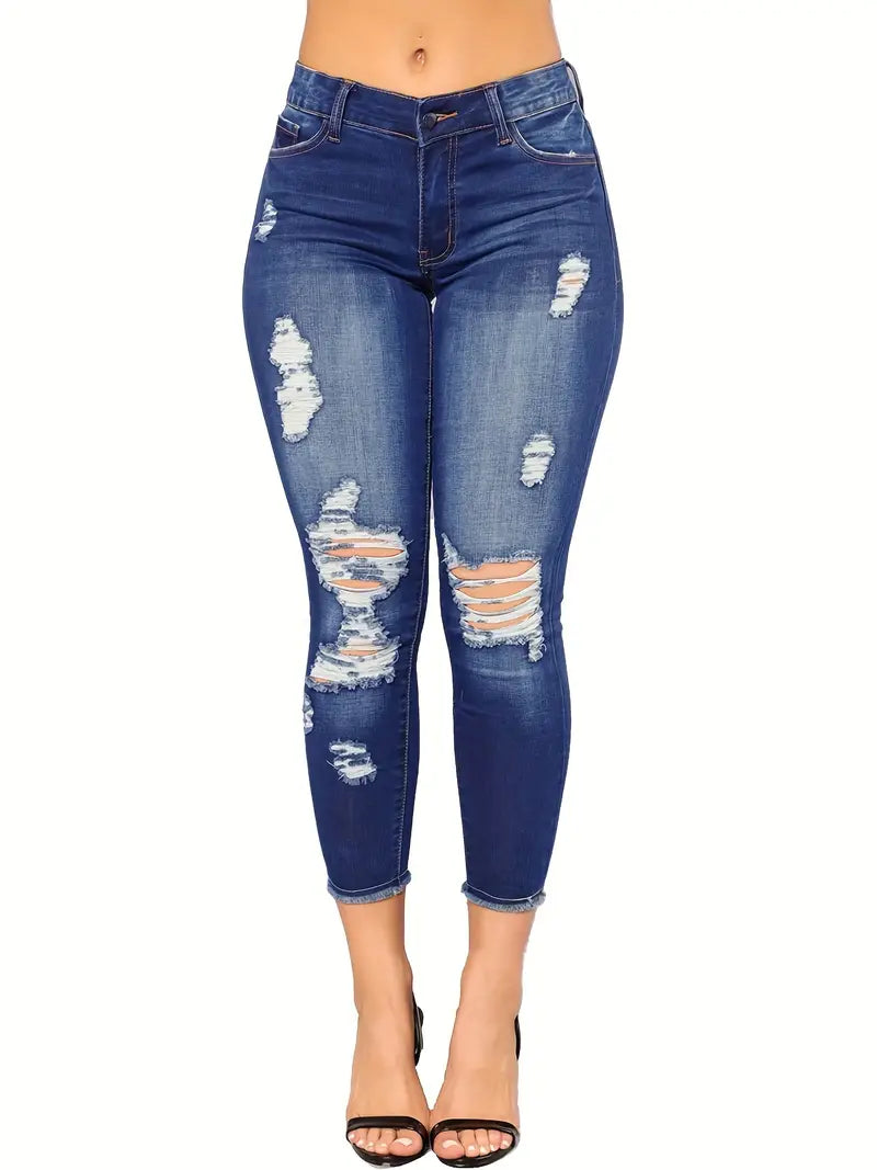 High Rise Distressed Capri Skinny Jeans for Women