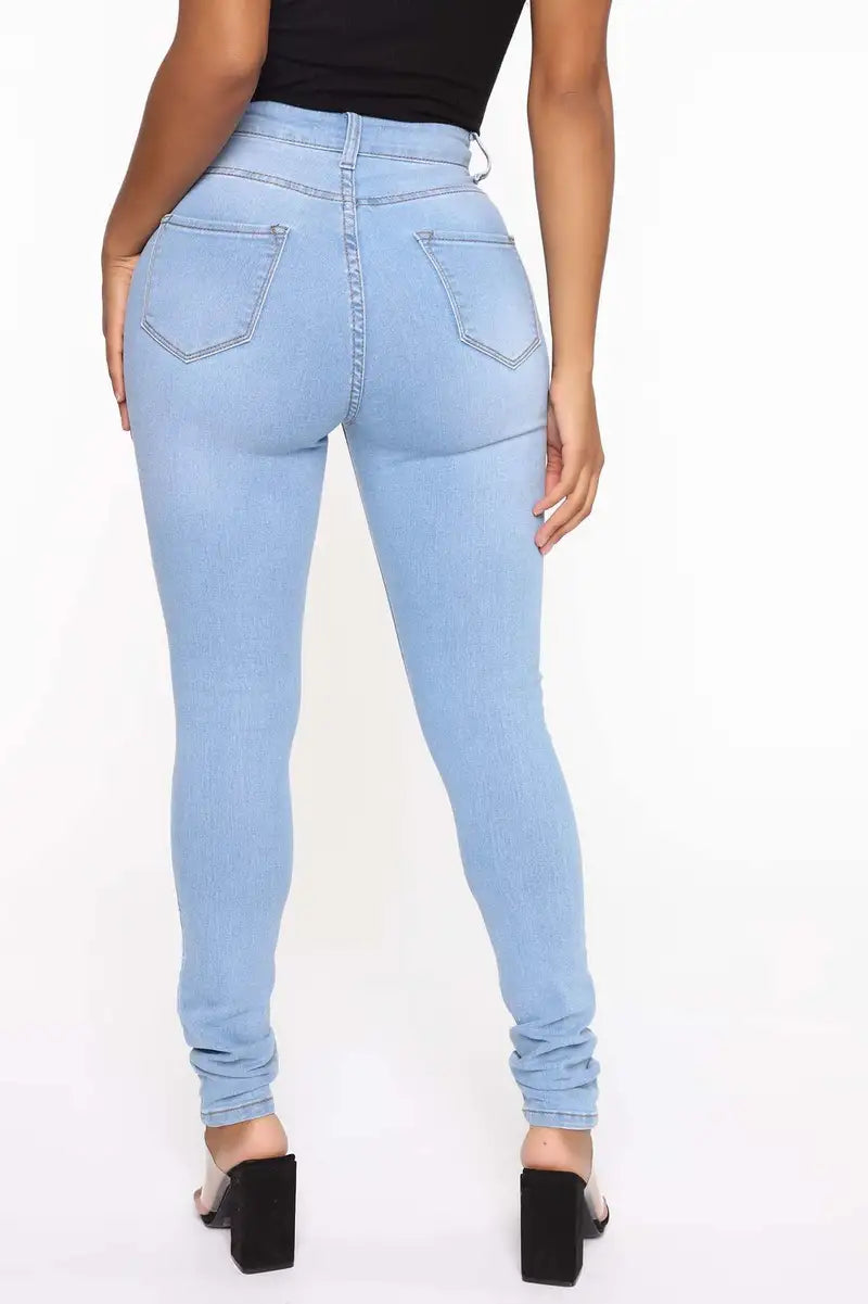 Light Blue High Waist Stretch Denim Skinny Jeans for Women