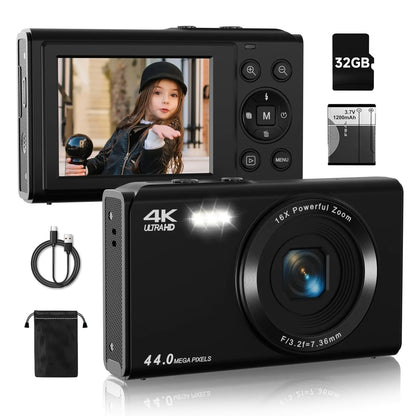Upgrade Digital Camera FHD 4K 44MP Autofocus Digital Point and Shoot Video Camera with 16X Zoom 32GB SD Card Compact Digital Camera Cheap for Teens Boys Girls Kids Black Camera