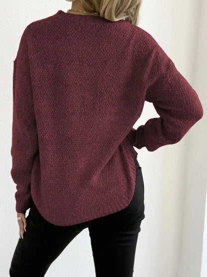 Round Neck Textured Knit Relaxed Fit Sweater