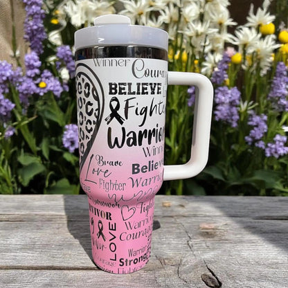 Breast Cancer Survivor Tumbler 40oz: Pink Ribbon Insulated Stainless Steel Travel Mug