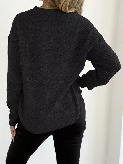 Round Neck Textured Knit Relaxed Fit Sweater