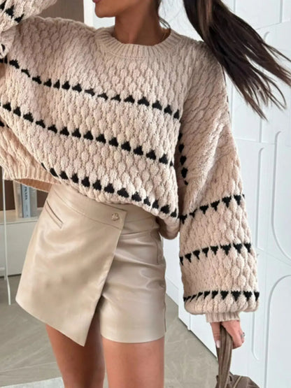 Striped Chunky Knit Sweater with Balloon Sleeves