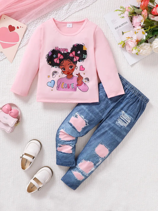Children's Cartoon Graphic Top and Pants Set