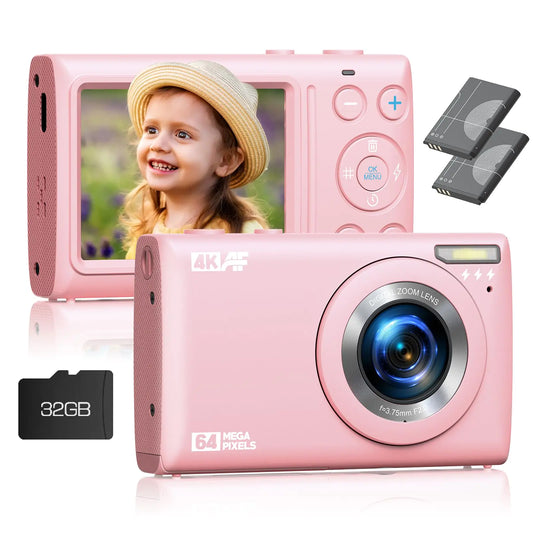 Digital Camera 4K 64MP with 32GB Card Point and Shoot Digital Camera with 18X Digital Zoom 2 Batteries Compact Small Camera for Teens Kids Boys Girls