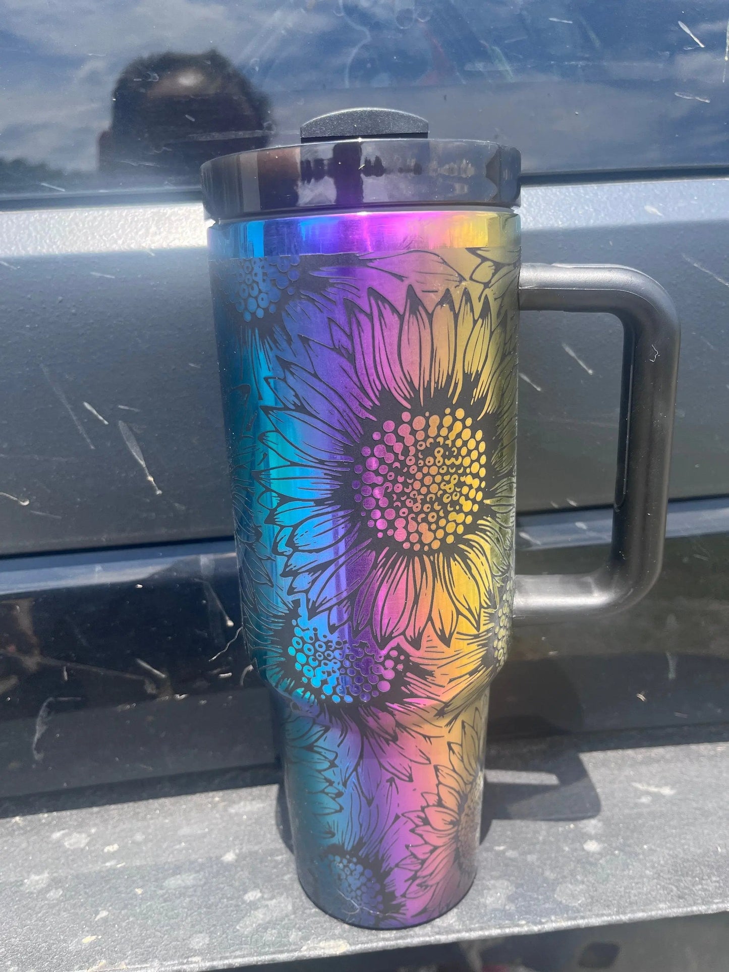 Rainbow Mirror Sunflower Tumbler - Laser Engraved 40oz