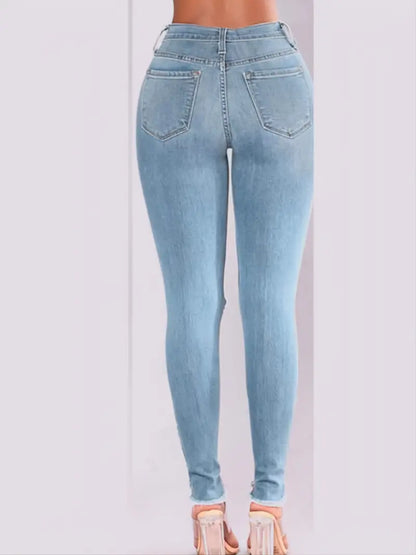 High Rise Distressed Asymmetrical Ripped Skinny Jeans
