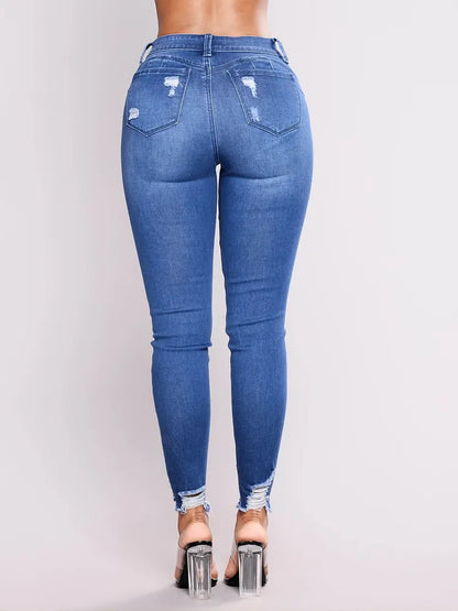 High Rise Ripped Skinny Jeans with Raw Hem for Women
