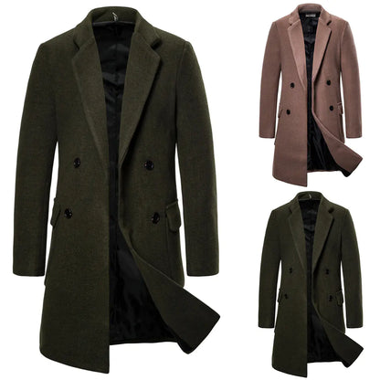 Men's Double-Breasted Casual Woolen Trench Coat