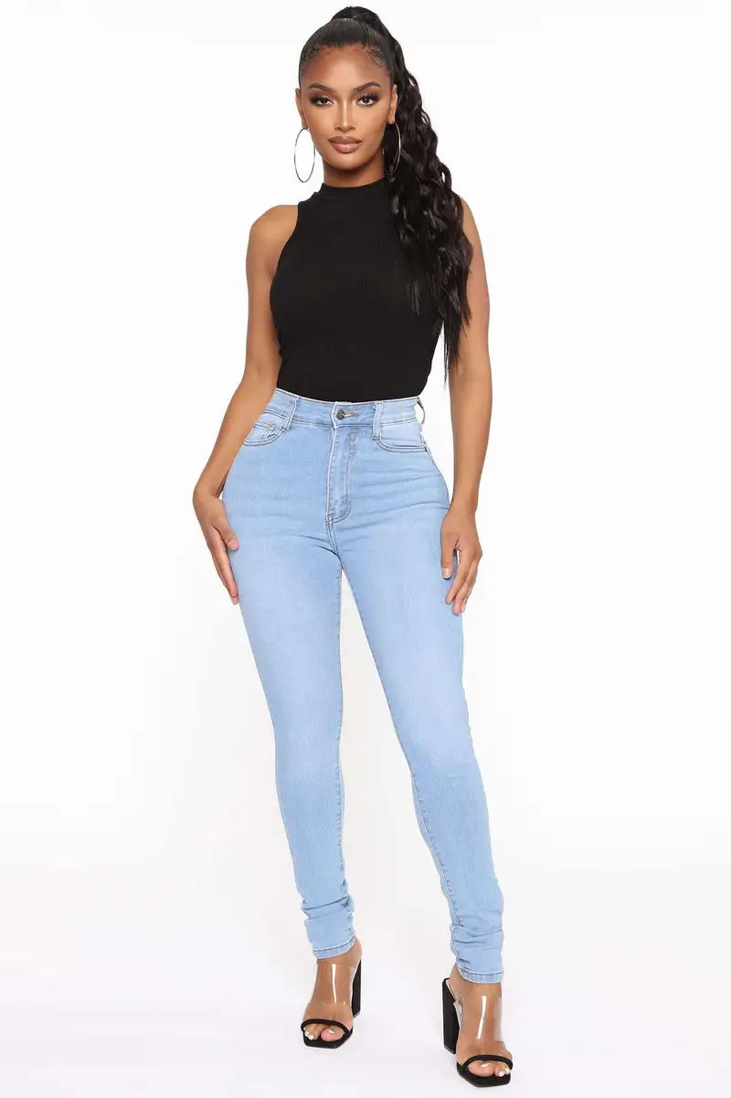 Light Blue High Waist Stretch Denim Skinny Jeans for Women